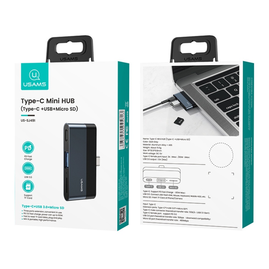 USAMS USB hub US-SJ491 με card reader, 2x θυρών, 5Gbps, 60W, USB-C, γκρι - Image 4