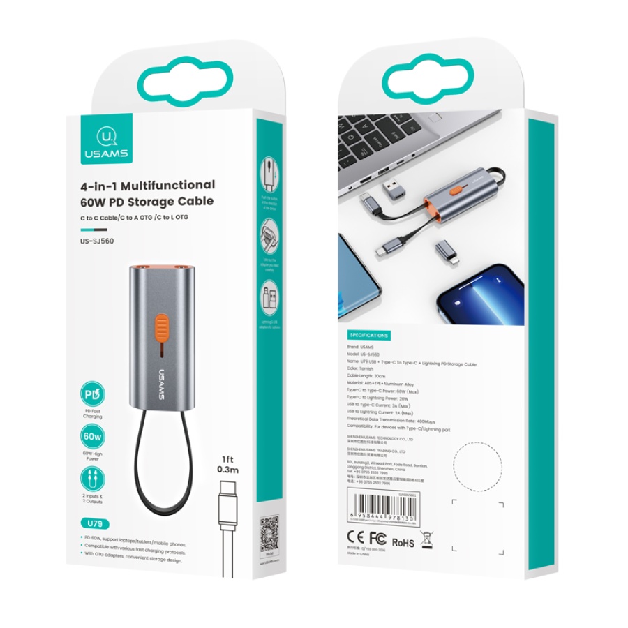 USAMS αντάπτορας USB-C σε USB-C/USB/Lightning SJ560, 60W PD, 0.3m, γκρι - Image 5