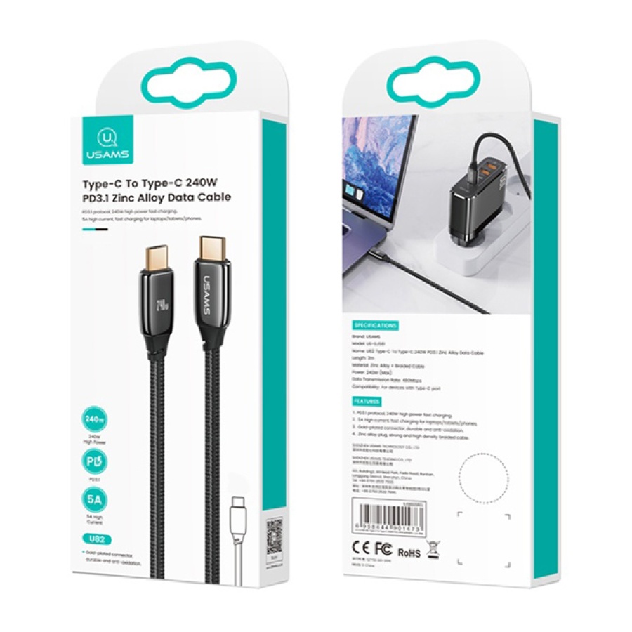 USAMS καλώδιο USB-C US-SJ581, 240W/5A, PD3.1, 2m, μαύρο - Image 3