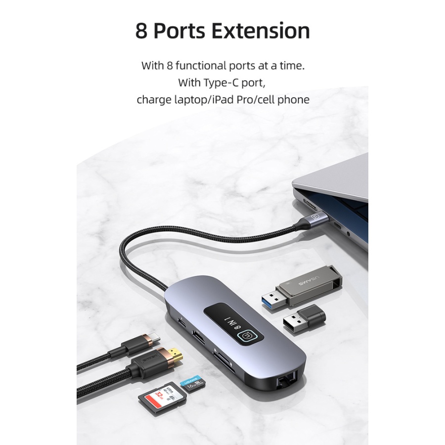 USAMS docking station US-SJ643, 8 θυρών, USB-C, 4K, 100W PD, LAN, γκρι - Image 2