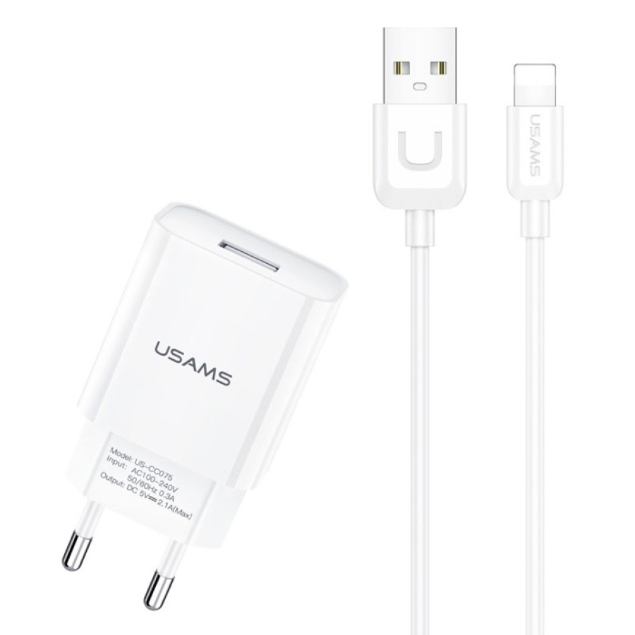 USAMS φορτιστής τοίχου T21OCLN01 με καλώδιο Lightning, USB 2.1A, λευκός