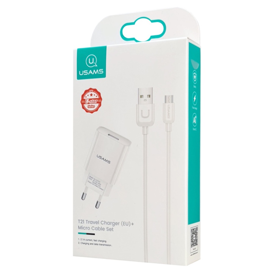 USAMS φορτιστής τοίχου T21OCMC01 με καλώδιο Micro USB, USB 2.1A, λευκός - Image 3