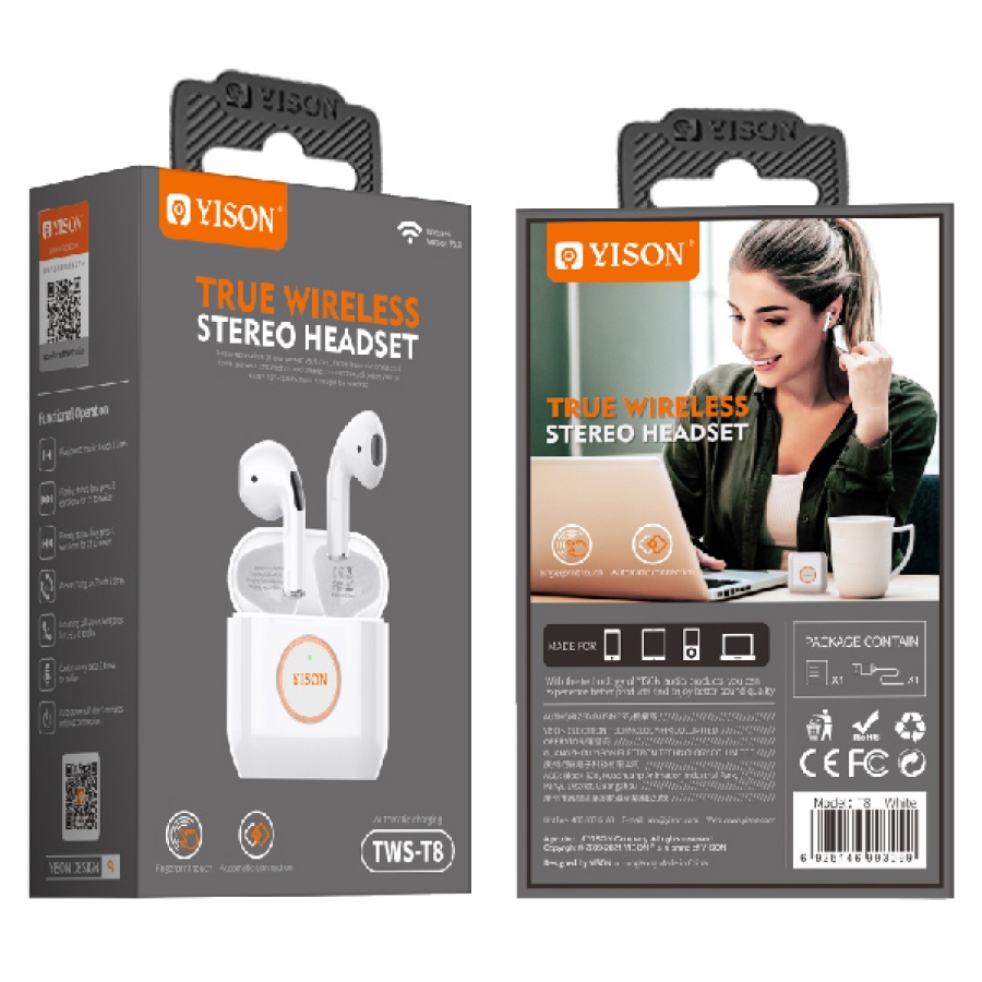 YISON earphones με θήκη φόρτισης T8, True Wireless, Φ13mm, λευκά - Image 4