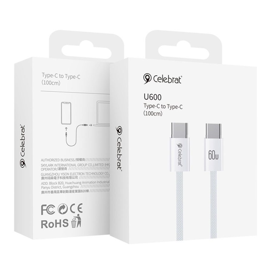 CELEBRAT καλώδιο USB-C U600, 60W, 480Mbps, 1m, λευκό - Image 3