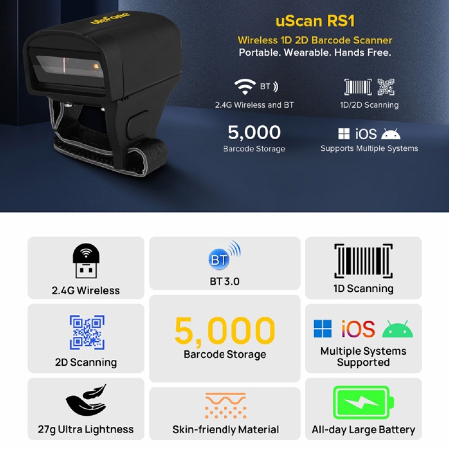 ULEFONE barcode scanner uScan RS1, ασύρματο 2.4G/Bluetooth, 1D/2D, μαύρο - Image 2