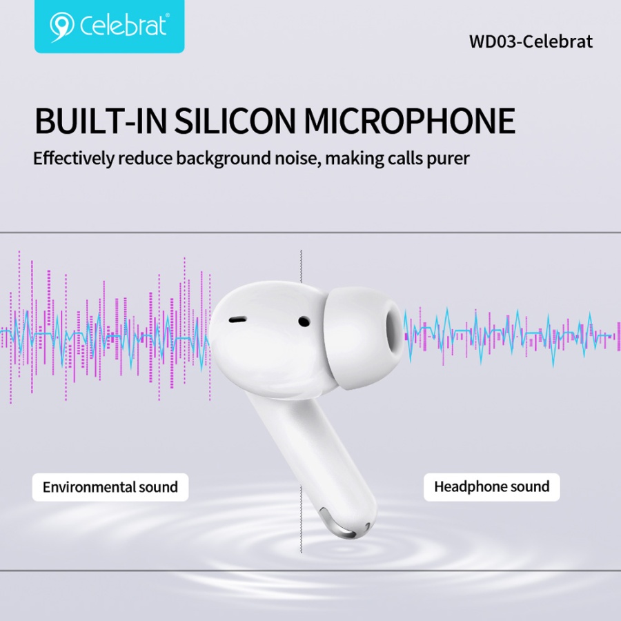 CELEBRAT earphones με θήκη φόρτισης WD03, True Wireless, 13mm, 30/300mAh, λευκά - Image 4