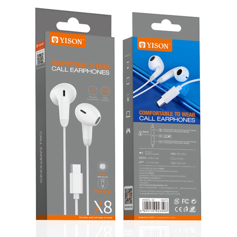 YISON earphones με μικρόφωνο X8, USB-C σύνδεση, Φ13mm, 1.2m, λευκά - Image 4