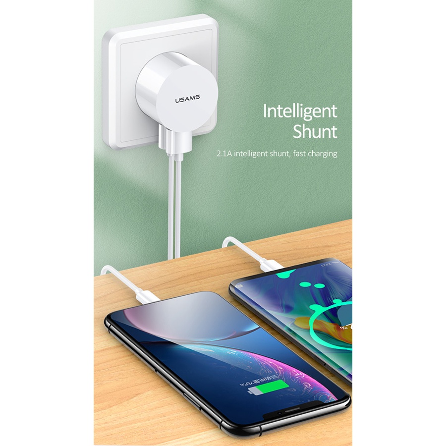 USAMS φορτιστής τοίχου T20 & καλώδιο Lightning, 2x USB, 2.1A, λευκός - Image 2