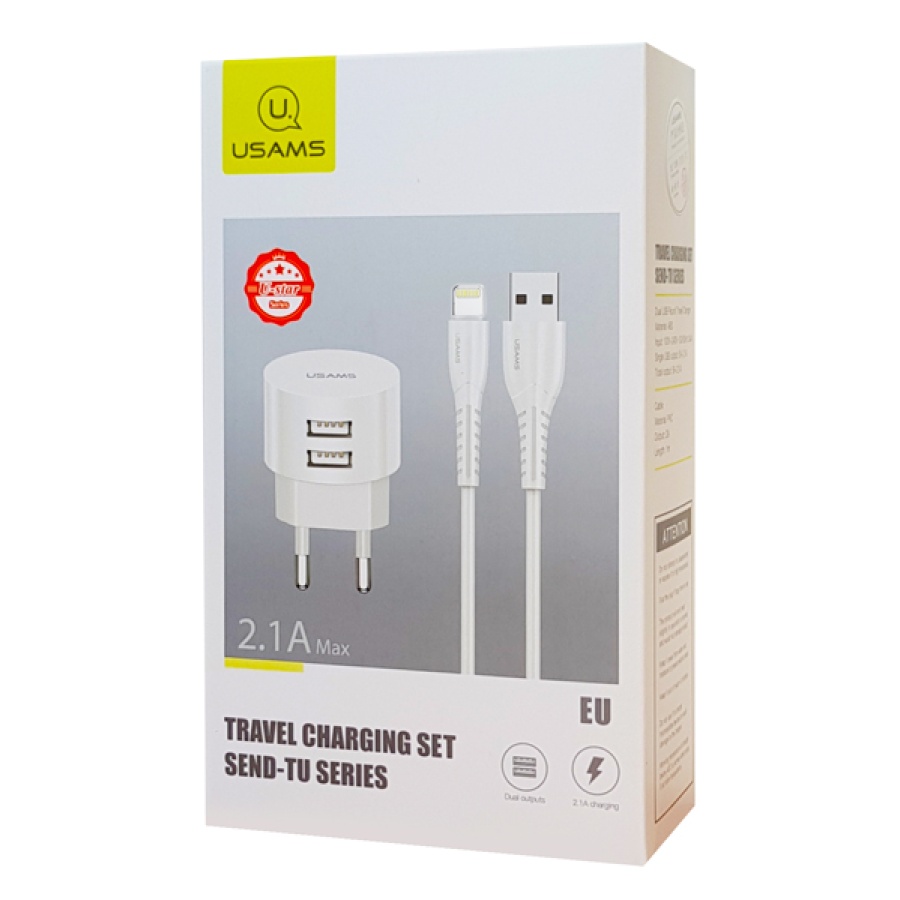 USAMS φορτιστής τοίχου T20 & καλώδιο Lightning, 2x USB, 2.1A, λευκός - Image 5