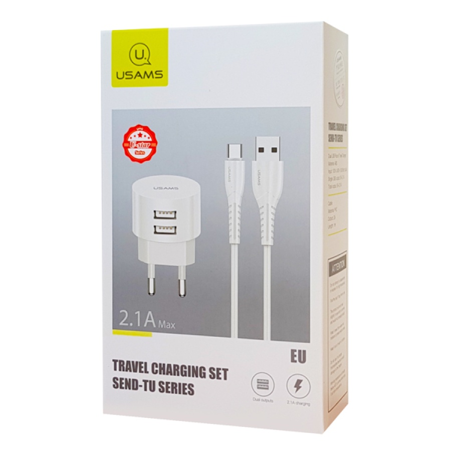 USAMS φορτιστής τοίχου T20 & καλώδιο type-C, 2x USB, 2.1A, λευκός - Image 5