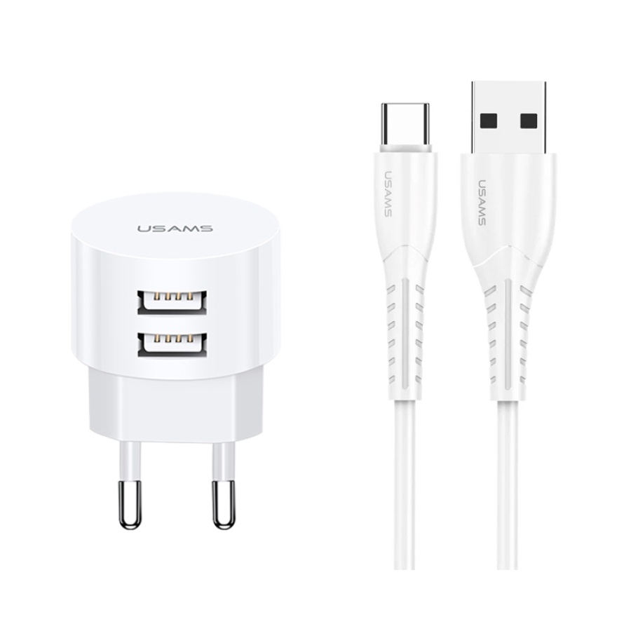 USAMS φορτιστής τοίχου T20 & καλώδιο type-C, 2x USB, 2.1A, λευκός