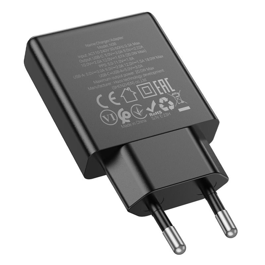 HOCO N38 DELGADO PD20W+QC3.0 ΦΟΡΤΙΣΤΗΣ, 2 ΘΥΡΕΣ,  ΜΑΥΡΟ - Image 3