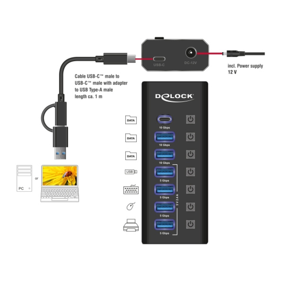 DELOCK USB hub 64326 με διακόπτες, 7x θυρών, 10Gbps, USB/USB-C σύνδεση, μαύρο - Image 2