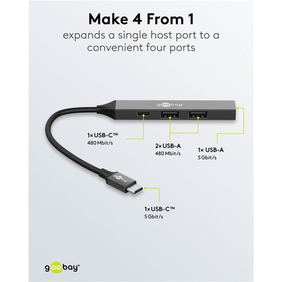 GOOBAY USB hub 74459, 4x θυρών, USB 3.2, 5Gbps, USB-C σύνδεση, γκρι - Image 3