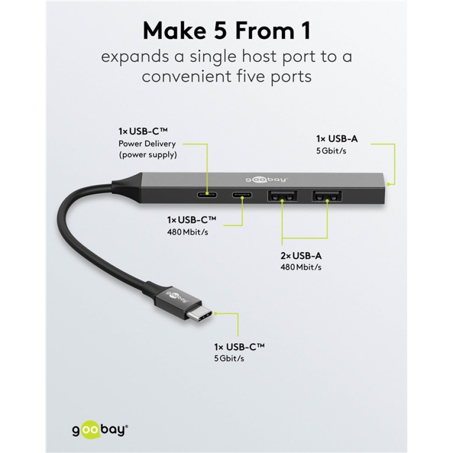 GOOBAY USB hub 74460, 5x θυρών, USB 3.2, 5Gbps, 100W, USB-C σύνδεση, γκρι - Image 3