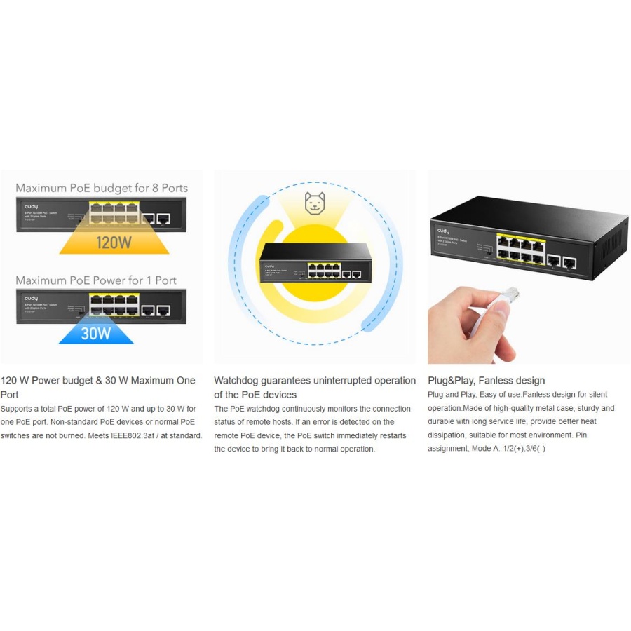 CUDY FS1010P 8 PORT + 2 UPLINK 10/100 POE+ SWITCH, 120W - Image 5