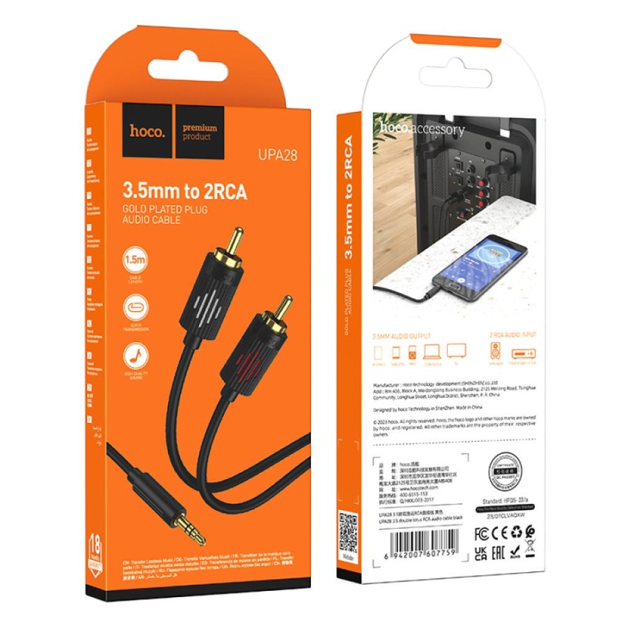 HOCO UPA28 ΚΑΛΩΔΙΟ ΗΧΟΥ 3.5 ΣΕ 2x RCA, ΜΑΥΡΟ - Image 2