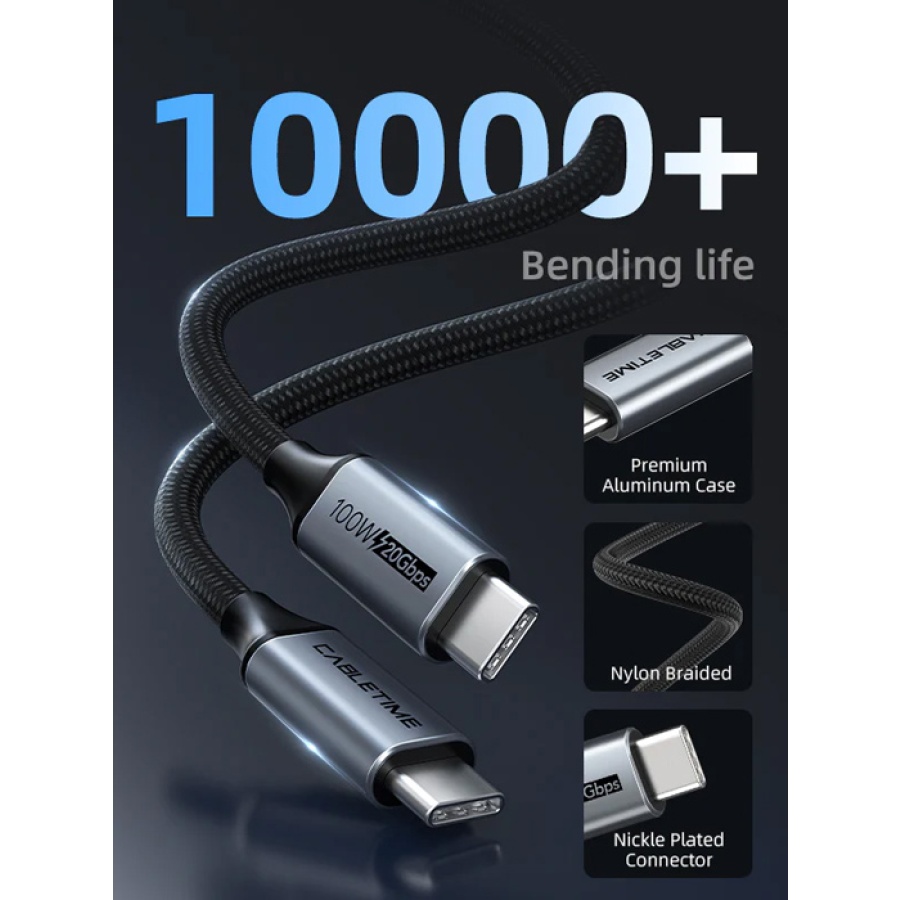 CABLETIME καλώδιο USB-C CT-CMCM2, USB 3.1, 100W, 20Gbps, 4K, 1.5m, μαύρο - Image 3