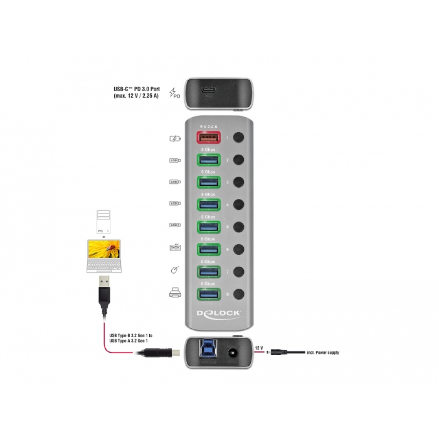 DELOCK USB hub 63264 με διακόπτες, 9x θυρών, 5Gbps, 12V/2.25A PD, γκρι - Image 2