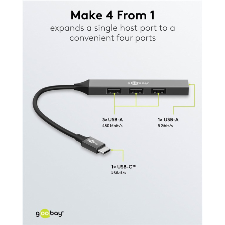 GOOBAY USB hub 74457, 4x θυρών, USB 3.2, 5Gbps, USB-C σύνδεση, γκρι - Image 3