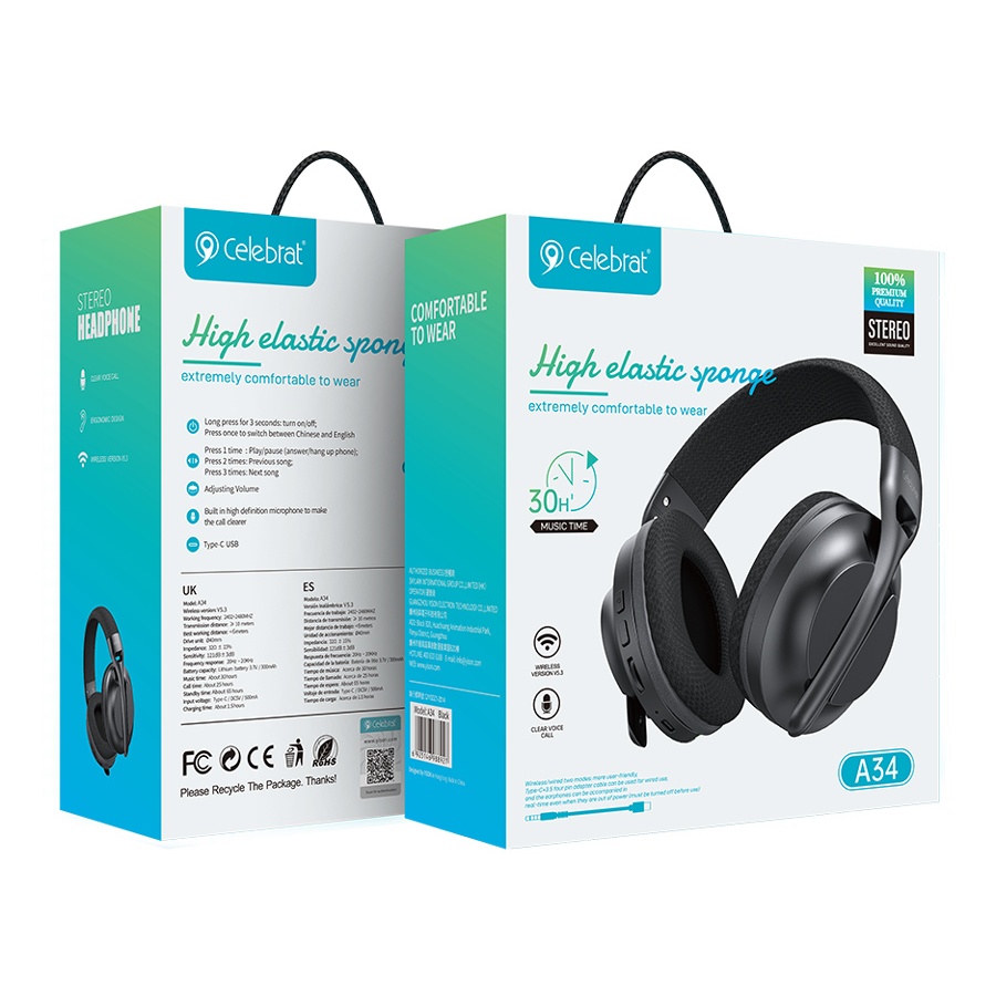 CELEBRAT headphones A34, ασύρματα & ενσύρματα, 40mm, 300mAh, μαύρα - Image 7
