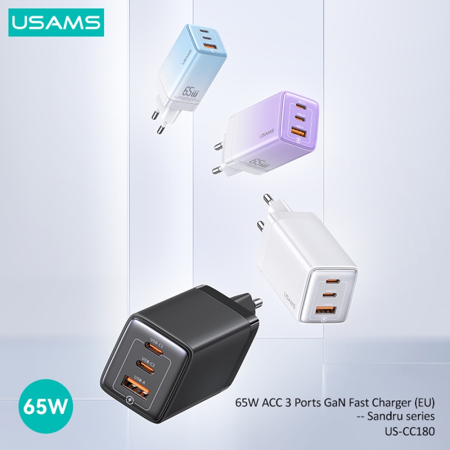 USAMS φορτιστής τοίχου US-CC180, USB & 2x USB-C, 65W PD, GaN, μαύρος - Image 2