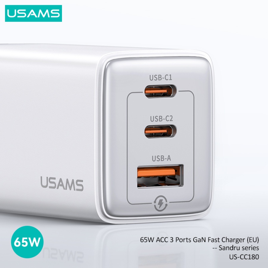 USAMS φορτιστής τοίχου US-CC180, USB & 2x USB-C, 65W PD, GaN, μαύρος - Image 4