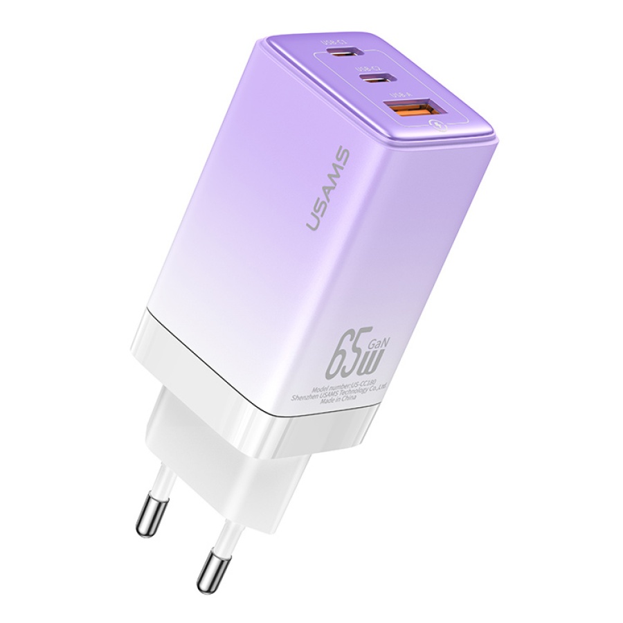 USAMS φορτιστής τοίχου US-CC180, USB & 2x USB-C, 65W PD, GaN, μωβ