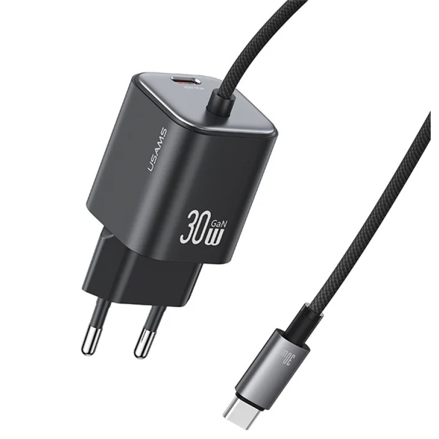 USAMS φορτιστής τοίχου CC264 με καλώδιο, USB-C, 30W, GaN, μαύρος