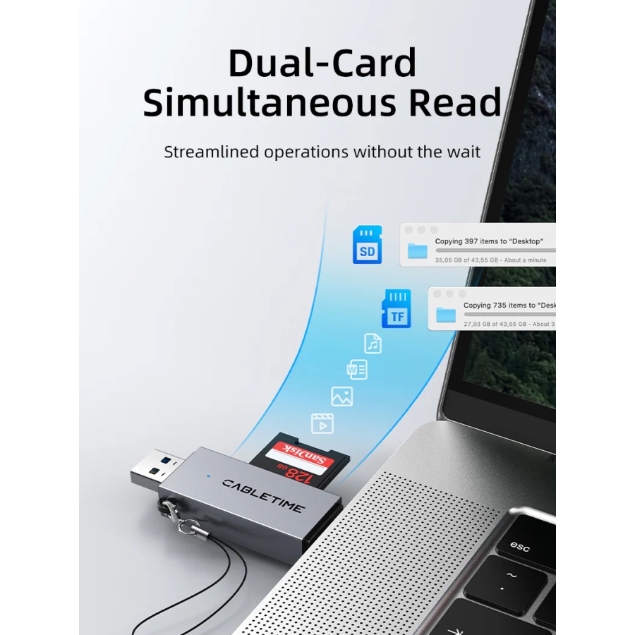 CABLETIME card reader CT-ACSD3-AG, SD/micro SD, USB/USB-C, 5Gbps, γκρι - Image 6