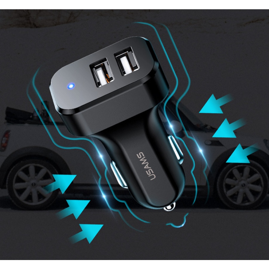 USAMS φορτιστής αυτοκινήτου C13 & καλώδιο type-C, 2x USB, 2.1A, μαύρο - Image 3