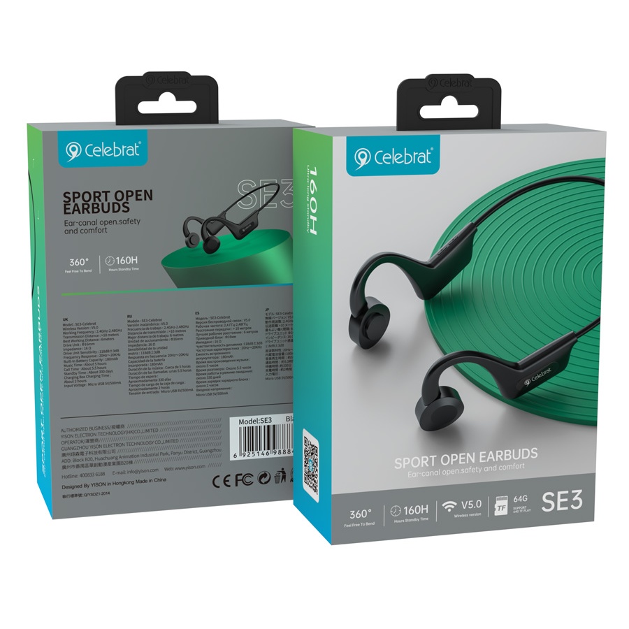 CELEBRAT open earphones SE3, Bluetooth 5.0, 180mAh, Φ16mm, μαύρα - Image 3