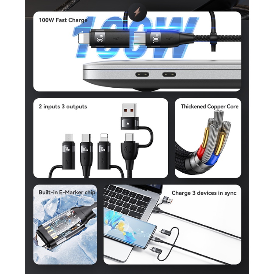 USAMS καλώδιο USB/USB-C σε 3 in 1 US-SJ646, PD 100W, 2m, μαύρο - Image 2