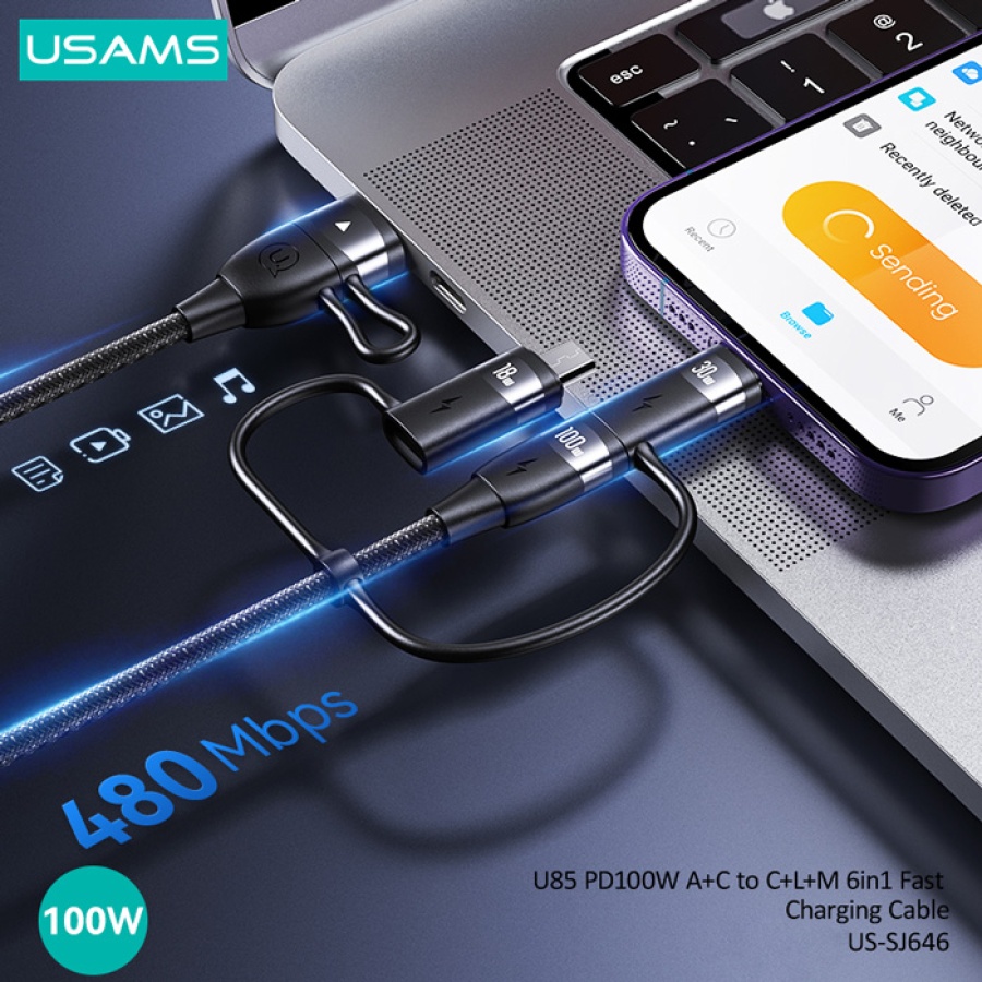 USAMS καλώδιο USB/USB-C σε 3 in 1 US-SJ646, PD 100W, 2m, μαύρο - Image 3