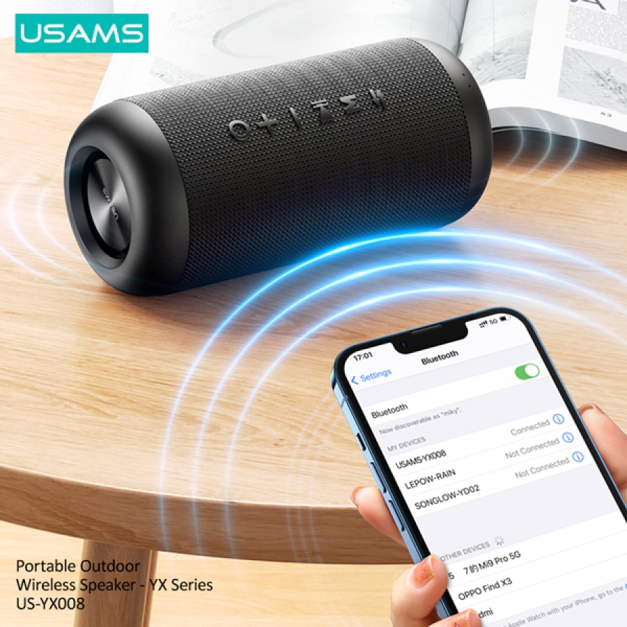 USAMS φορητό ηχείο YX008, 10W, Bluetooth/3.5mm, 1800mAh, IPX6, μαύρο - Image 2