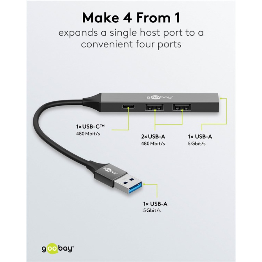 GOOBAY USB hub 74458, 4x θυρών, USB 3.2, 5Gbps, USB σύνδεση, γκρι - Image 3