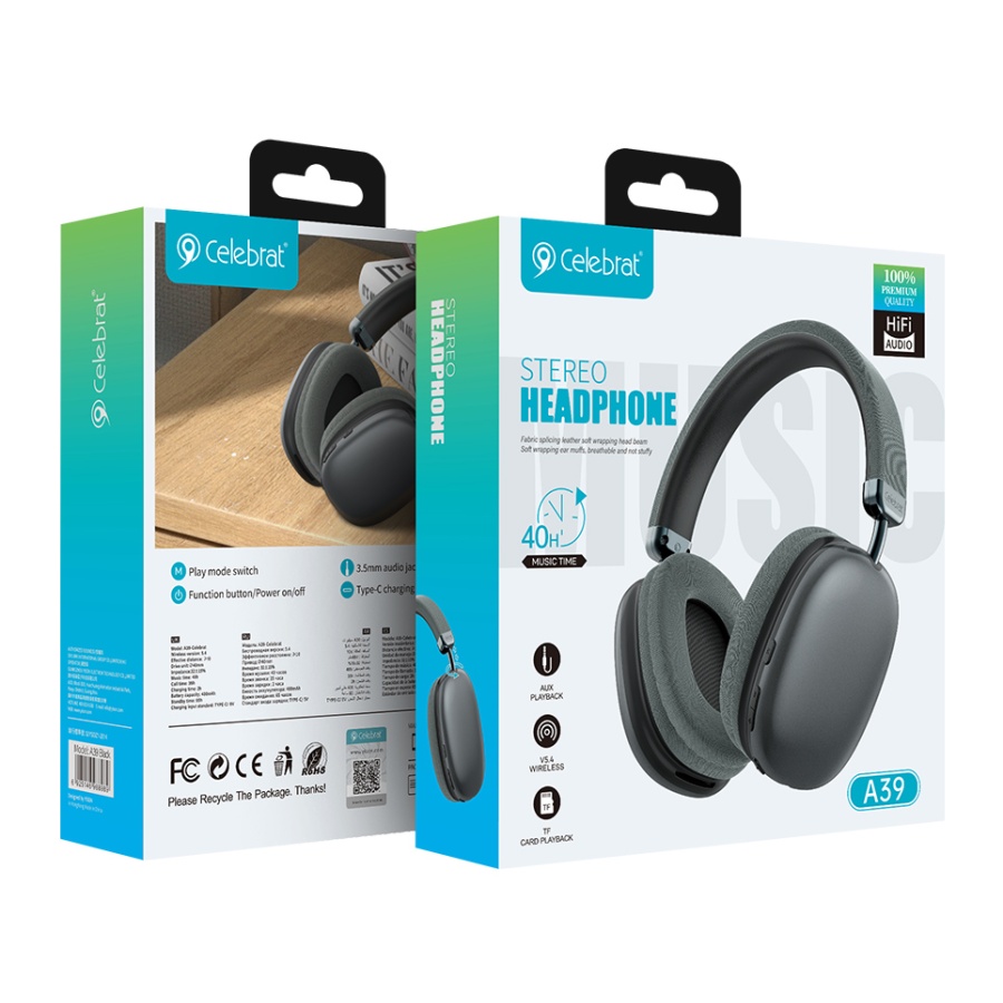 CELEBRAT headphones A39, ασύρματα & ενσύρματα, micro SD, 40mm, 400mAh, μαύρα - Image 4