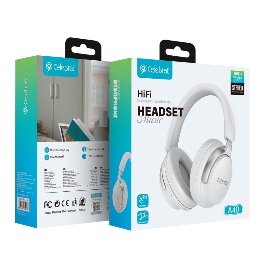 CELEBRAT headphones A40, ασύρματα & ενσύρματα, 40mm, 250mAh, λευκά - Image 4
