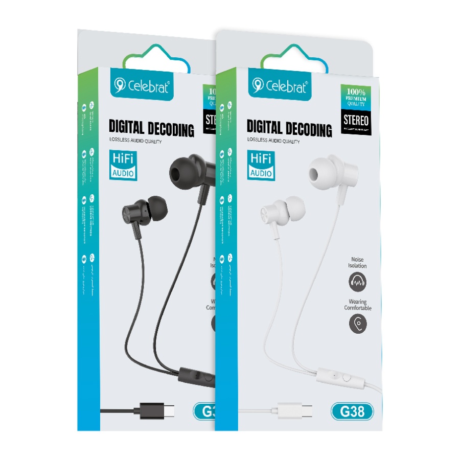 CELEBRAT earphones με μικρόφωνο G38, USB-C σύνδεση, 10mm, 1.2m, λευκά - Image 5