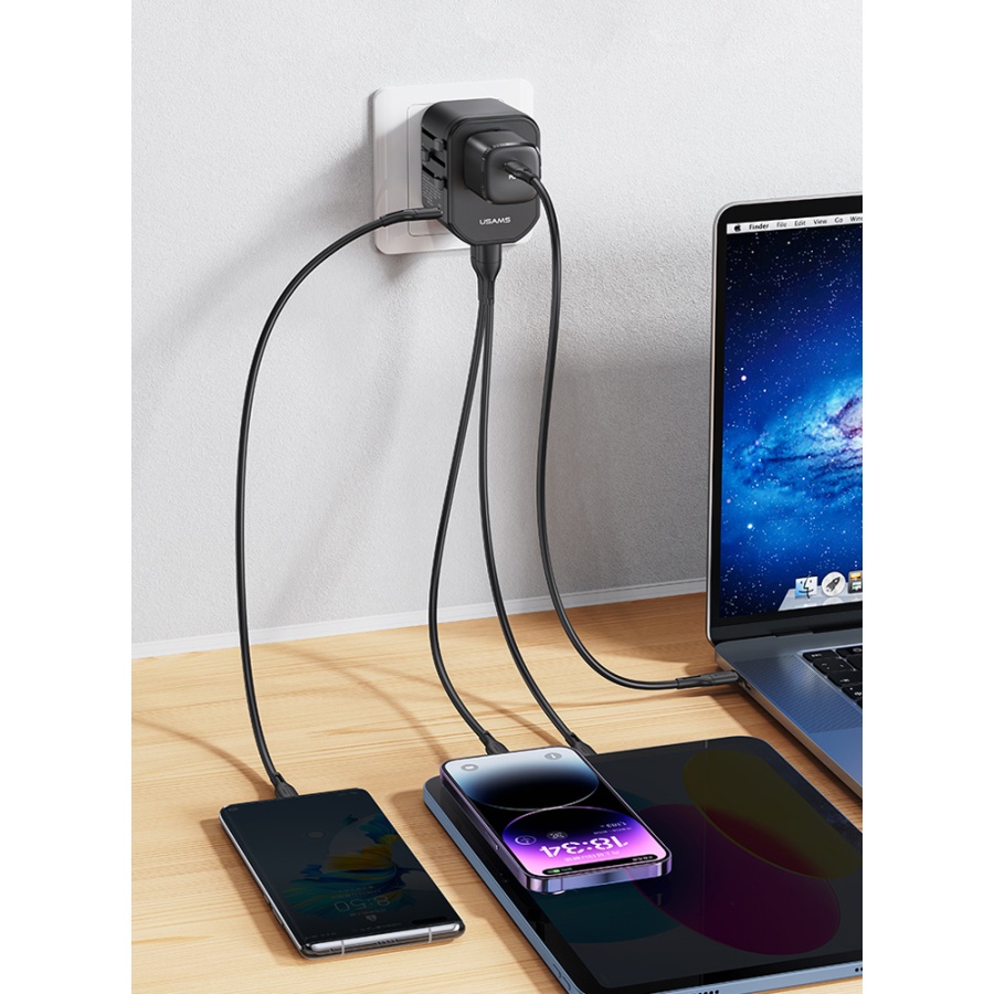 USAMS φορτιστής/αντάπτορας πρίζας US-CC179, USB-C & 2x USB, universal, 20W, μαύρος - Image 2