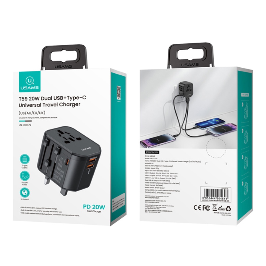 USAMS φορτιστής/αντάπτορας πρίζας US-CC179, USB-C & 2x USB, universal, 20W, μαύρος - Image 3