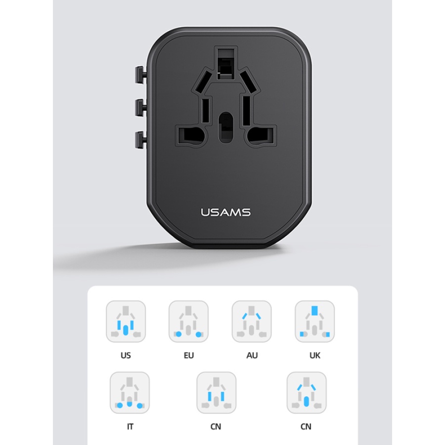 USAMS φορτιστής/αντάπτορας πρίζας US-CC179, USB-C & 2x USB, universal, 20W, μαύρος - Image 5