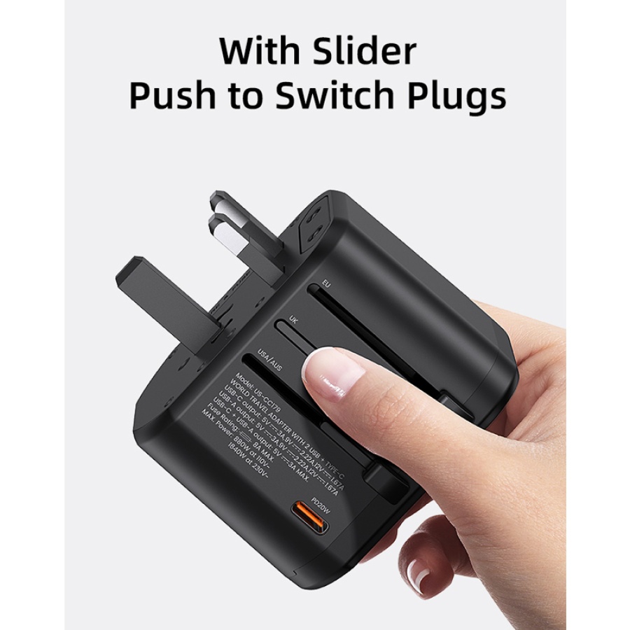 USAMS φορτιστής/αντάπτορας πρίζας US-CC179, USB-C & 2x USB, universal, 20W, μαύρος - Image 6