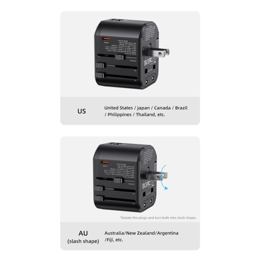 USAMS φορτιστής/αντάπτορας πρίζας US-CC179, USB-C & 2x USB, universal, 20W, μαύρος - Image 7