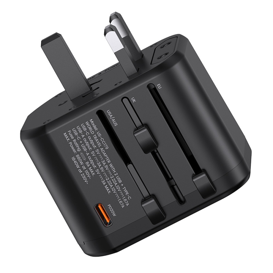 USAMS φορτιστής/αντάπτορας πρίζας US-CC179, USB-C & 2x USB, universal, 20W, μαύρος - Image 10