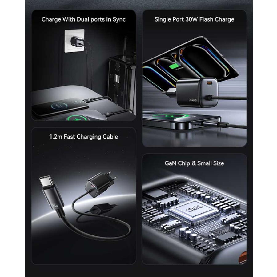 USAMS φορτιστής τοίχου CC264 με καλώδιο, USB-C, 30W, GaN, μαύρος - Image 3