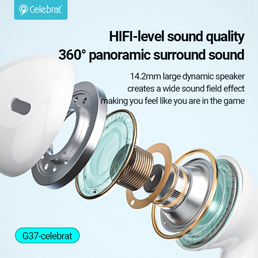 CELEBRAT earphones με μικρόφωνο G37, USB-C σύνδεση, 14.2mm, 1.2m, λευκά - Image 3