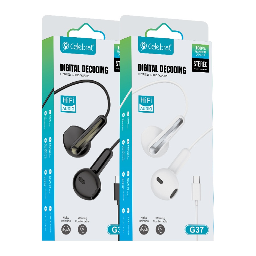 CELEBRAT earphones με μικρόφωνο G37, USB-C σύνδεση, 14.2mm, 1.2m, λευκά - Image 4