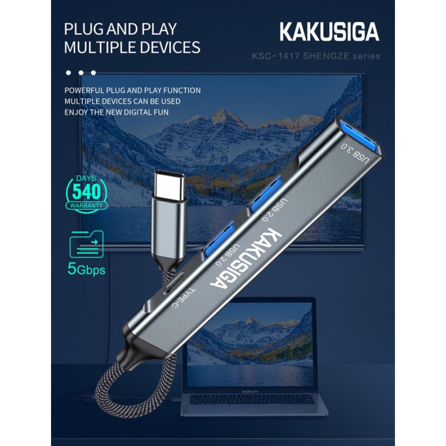 KAKUSIGA USB hub KSC-1417, 4x θυρών, USB 3.0, 5Gbps, USB-C σύνδεση, γκρι - Image 3