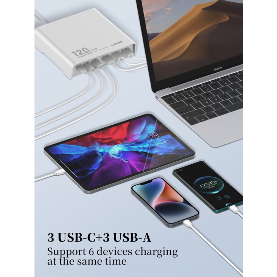 LDNIO σταθμός φόρτισης Q605, 3x USB-C & 3x USB, 120W, PD/QC, μαύρος - Image 4